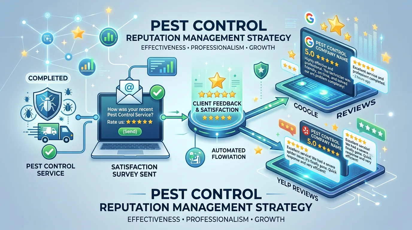 Pest control review system generating positive reviews about effectiveness and professionalism on Google and Yelp