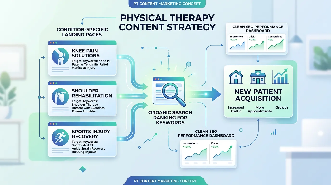 Physical therapy condition-specific landing pages for knee pain shoulder pain and sports injuries each ranking for keywords