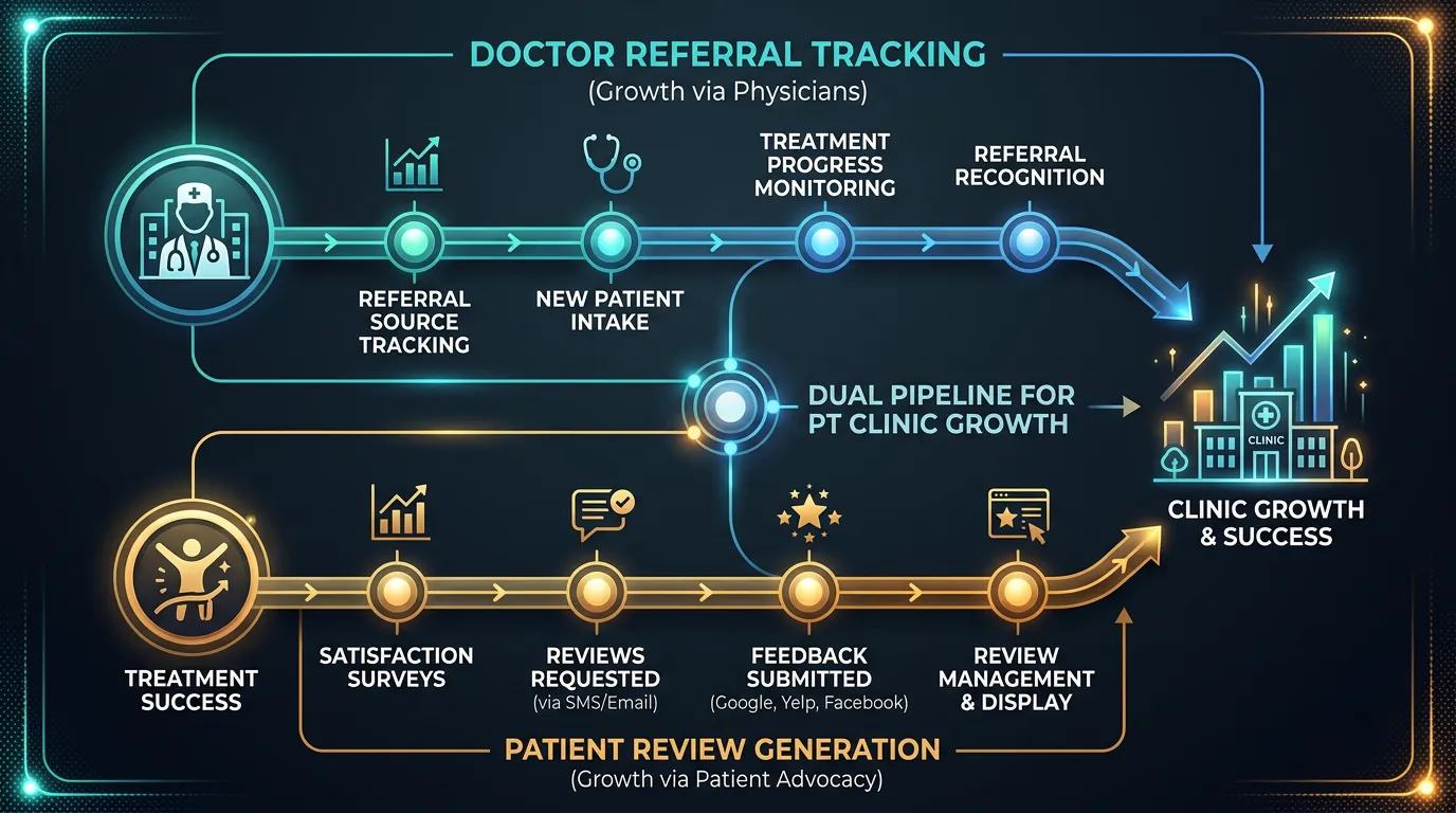 Physical therapy patient referral tracking alongside patient review generation creating dual pipeline for PT clinic growth