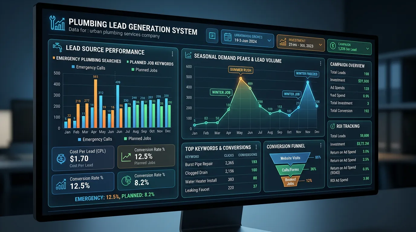 Plumbing company marketing showing lead generation from emergency searches and planned job keywords with seasonal peaks