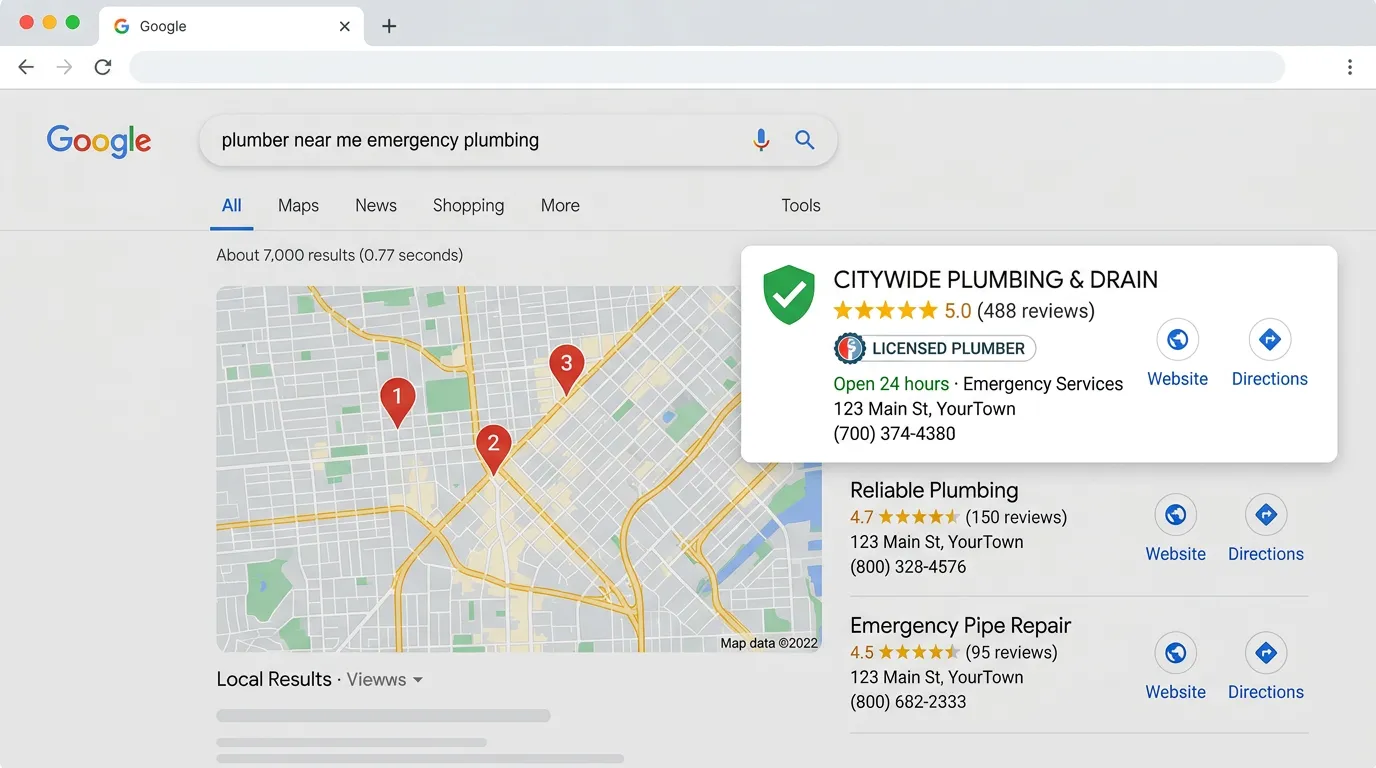 Plumber ranked for plumber near me emergency plumbing with licensed plumber badge Google Guaranteed and 5 star reviews