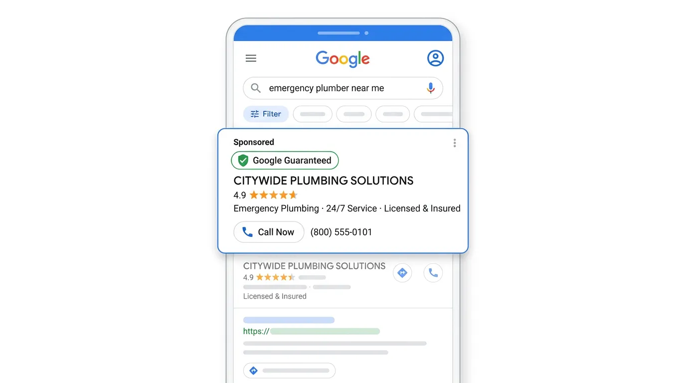Plumbing company Google Local Services Ads showing Google Guaranteed badge with phone number and 4.9 star rating