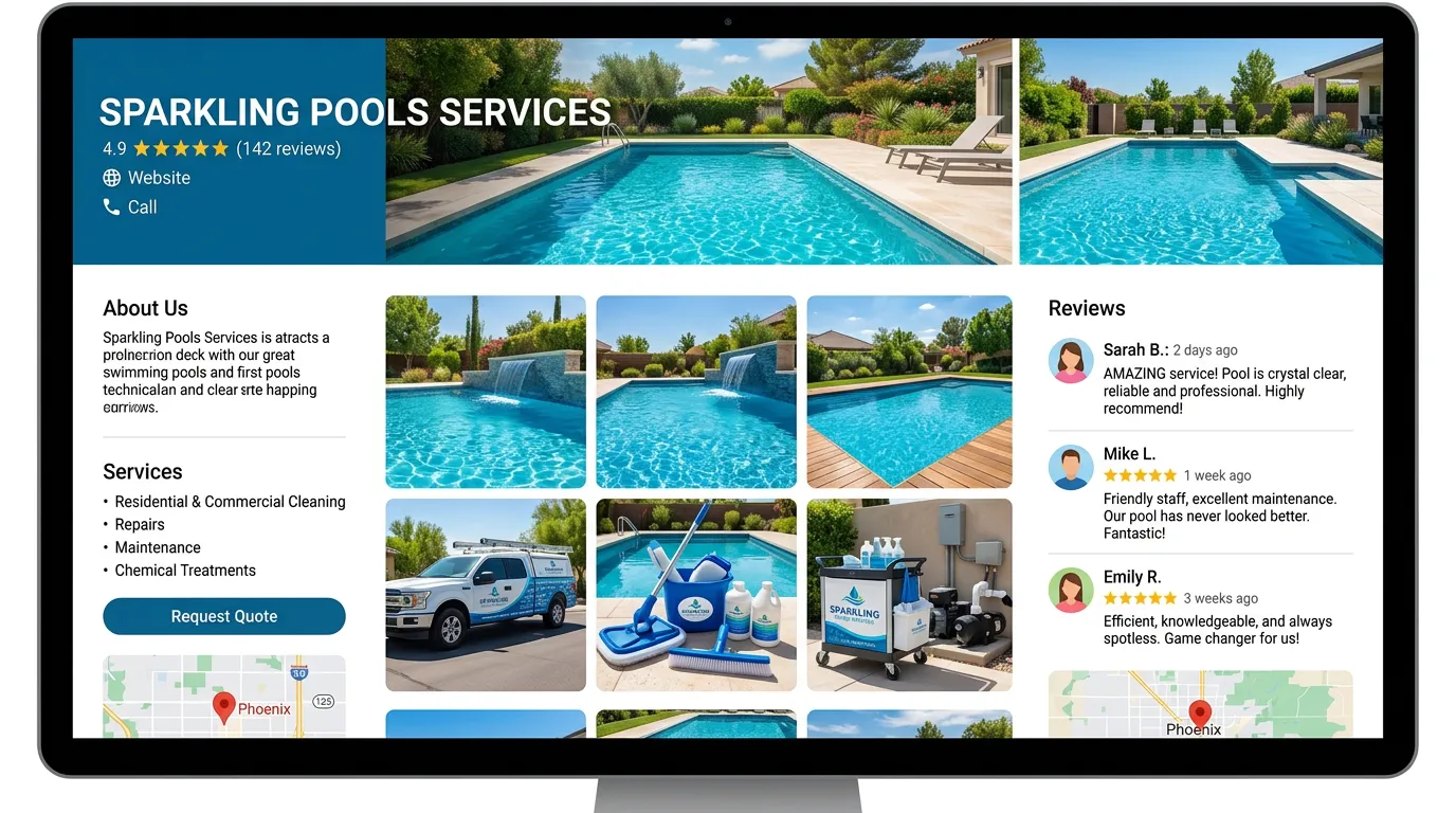 Pool service company GBP showing beautiful pool photos clean water service equipment and positive reviews from pool owners
