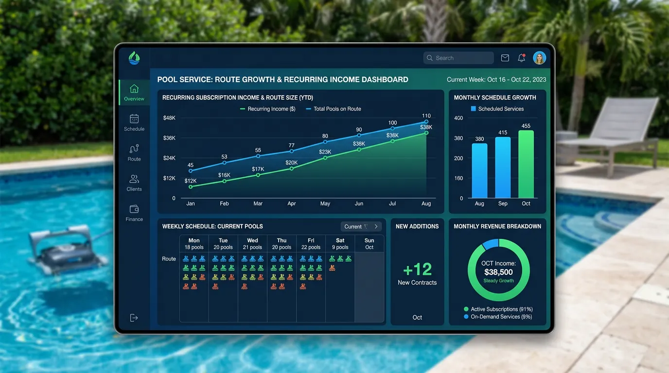 Pool service recurring contract dashboard showing weekly monthly schedules growing with new pool additions to route