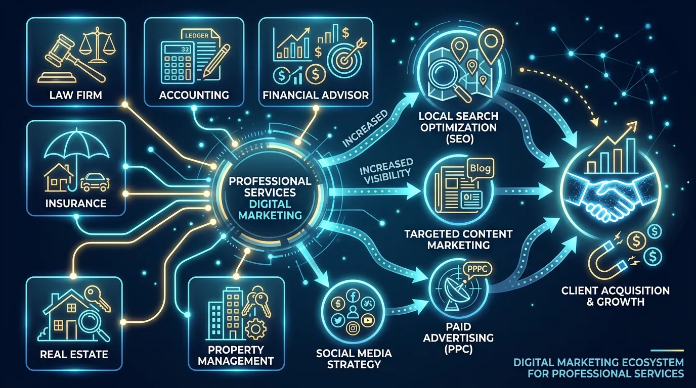 Professional and financial services marketing overview showing law firm accounting financial advisor insurance real estate connected to client acquisition