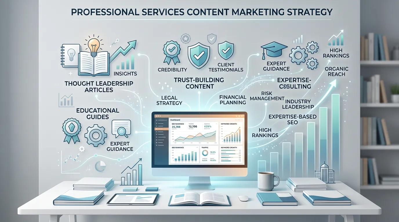 Professional services content marketing showing thought leadership articles trust-building content helping rank for expertise keywords