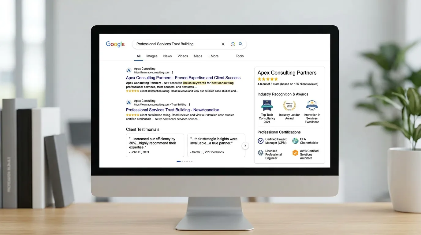 Professional services trust building showing credentials certifications client testimonials and industry recognition in Google search