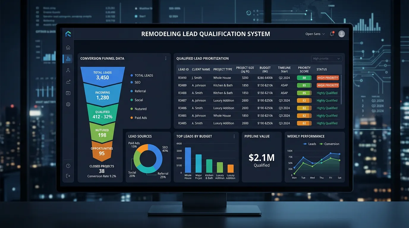 Remodeling company lead qualification showing high-value renovation project leads scored by project size budget and timeline
