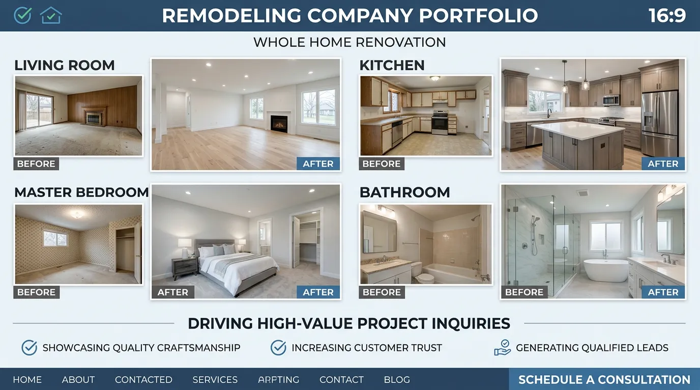 Remodeling company whole home renovation before and after portfolio driving high-value project inquiries through website