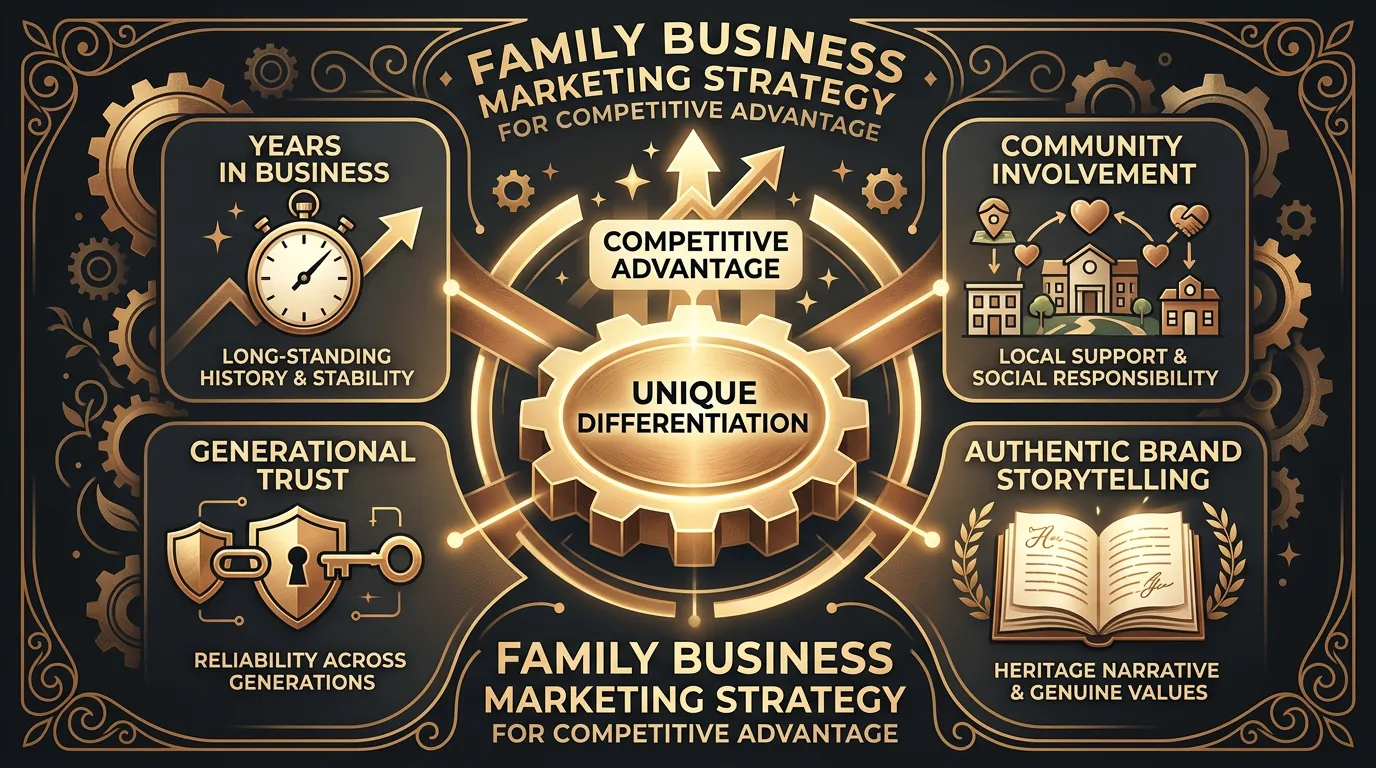 Family business differentiation showing years in business generational trust community involvement and authentic brand advantage