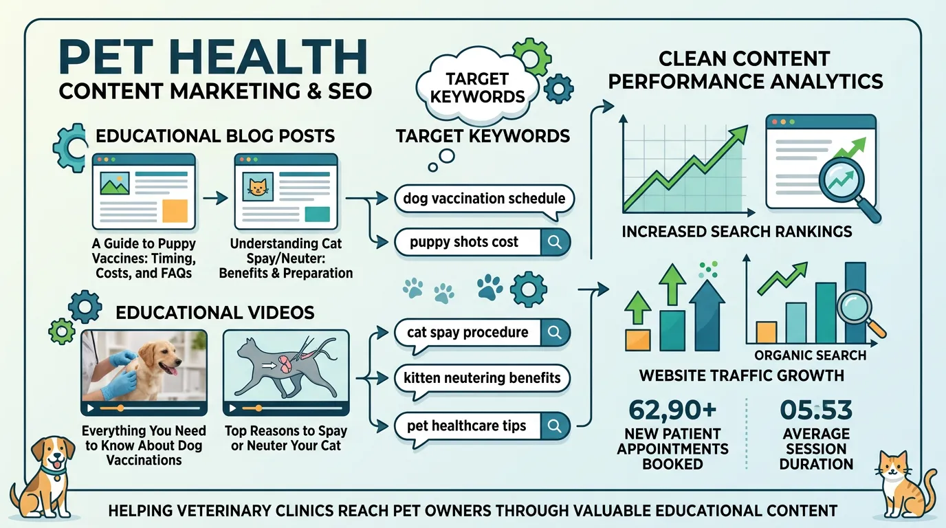 Veterinary clinic content marketing showing pet health blog posts ranking for vaccination and spay keywords bringing owners