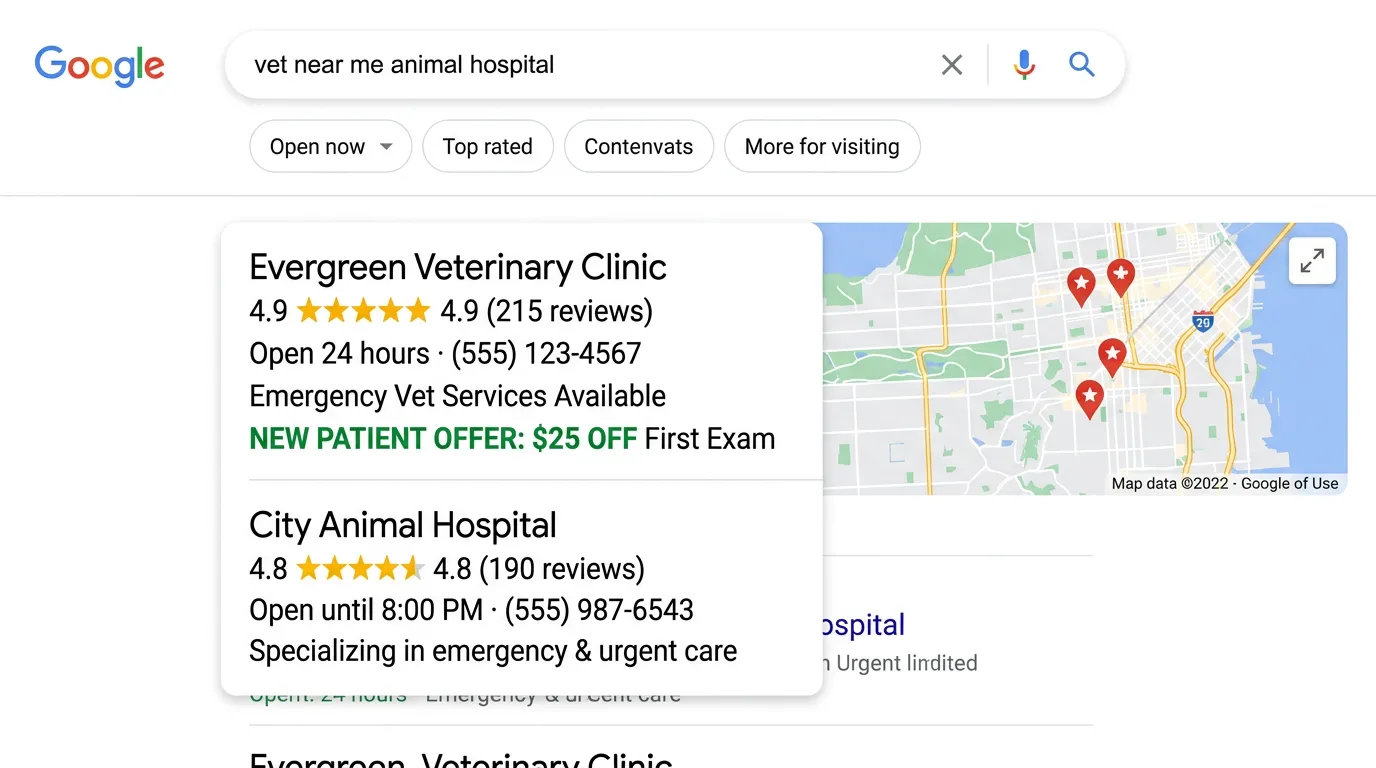 Veterinary clinic local search result for vet near me with 5 star reviews emergency vet services and new patient offer