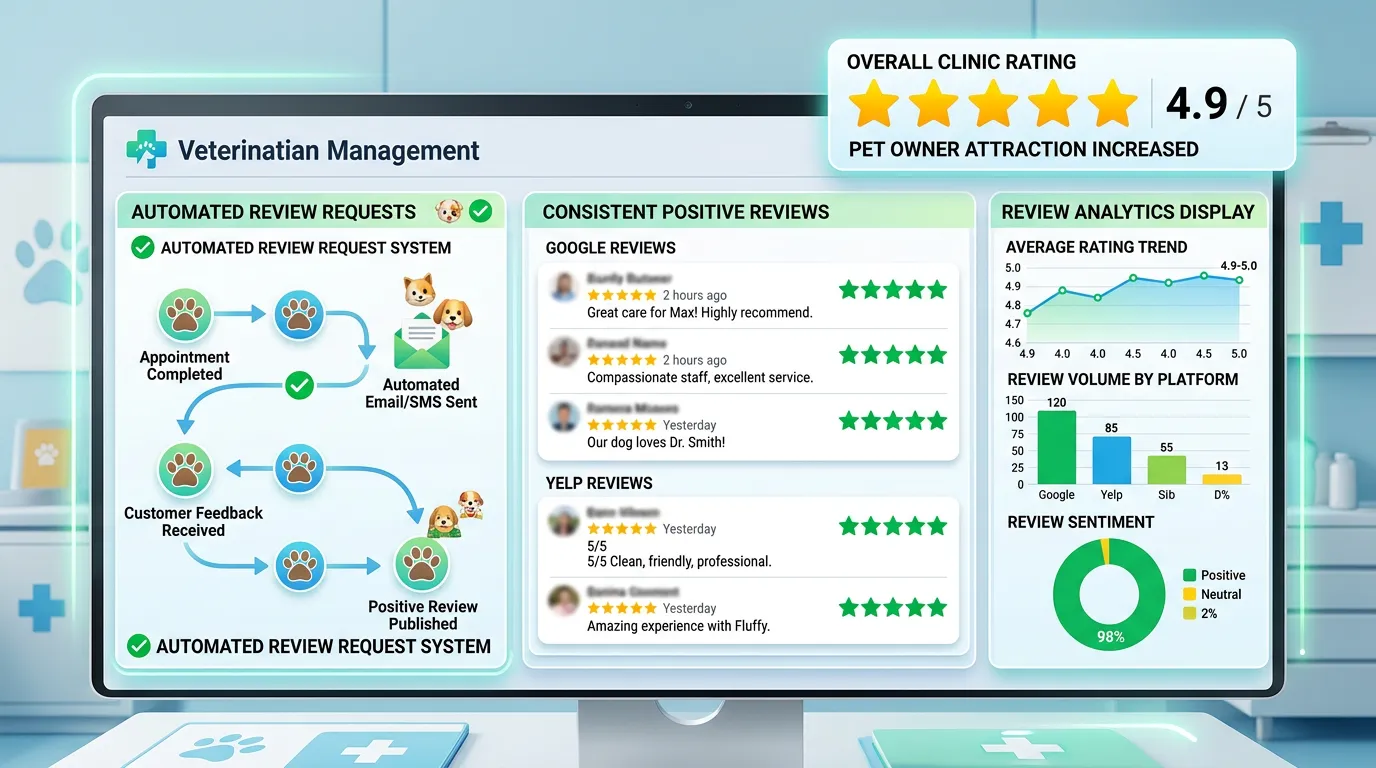 Veterinary clinic 5 star review management showing automated review requests and consistent positive reviews on Google