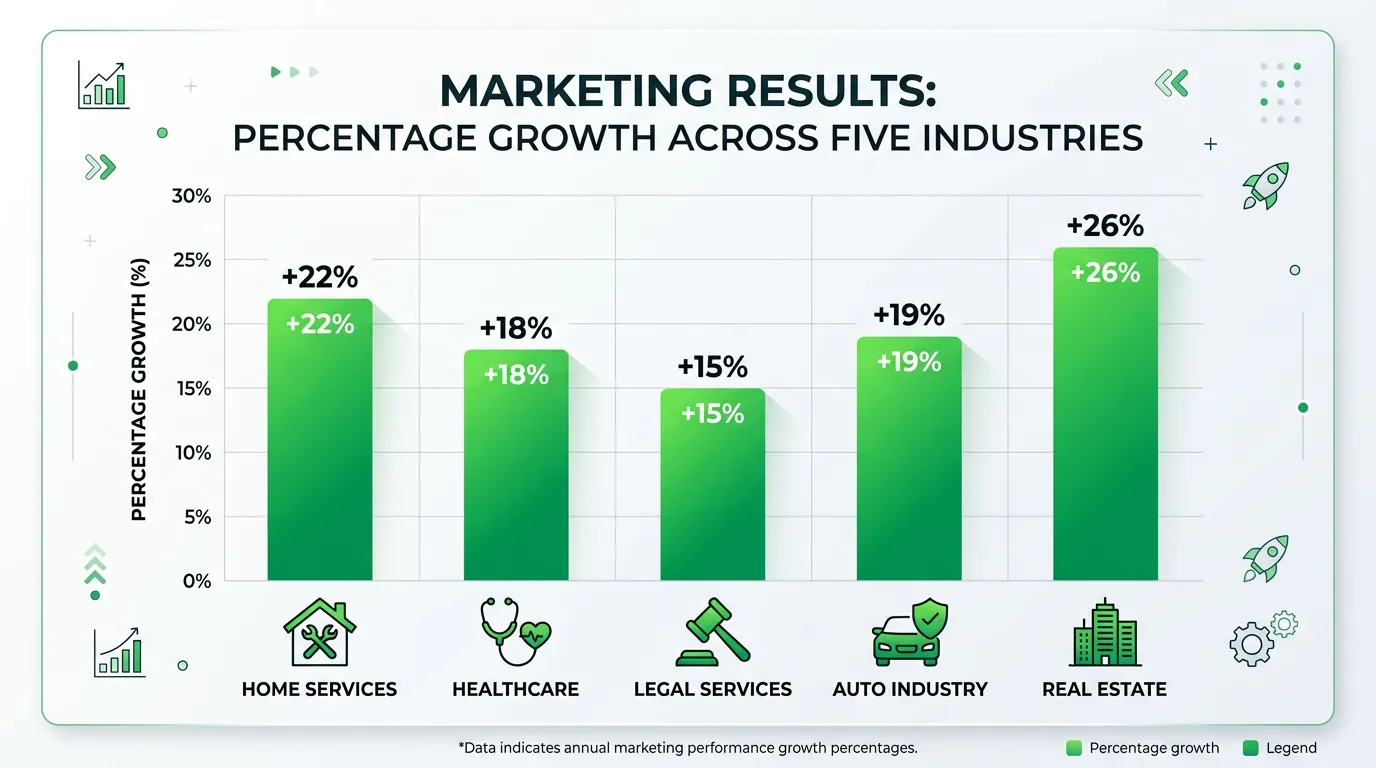 Multi-sector marketing results comparison chart showing growth percentage by industry vertical