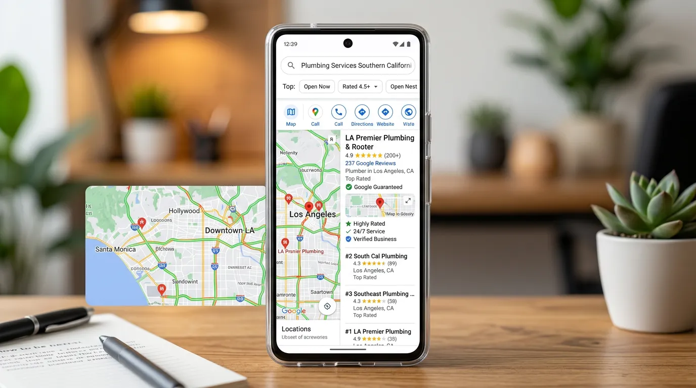 Google Maps results illustration for a plumbing search in Southern California