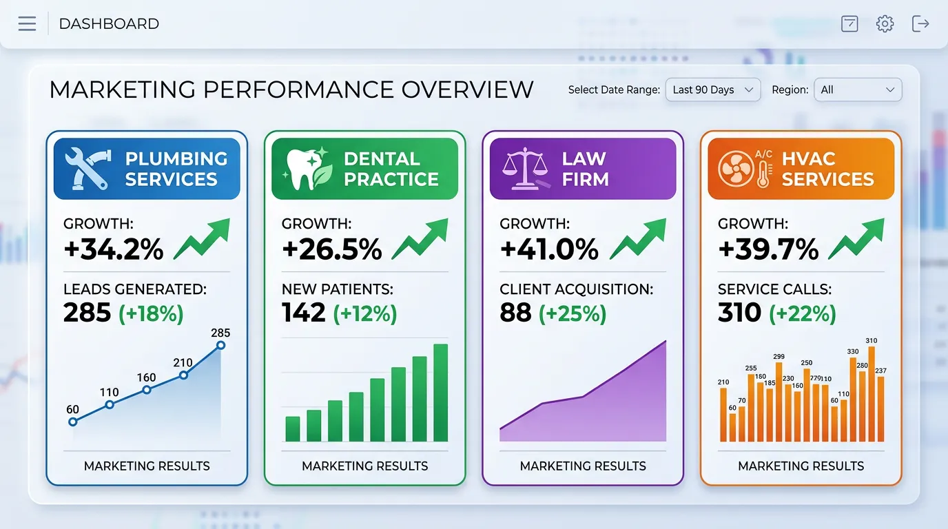 Industry-specific marketing results dashboard showing growth across plumbing dental legal HVAC and real estate