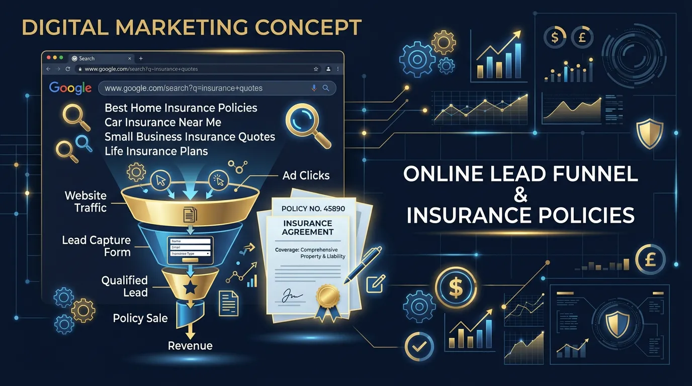 Diagram of a lead funnel for an insurance agency, narrowing from Google search traffic down to enquiries
