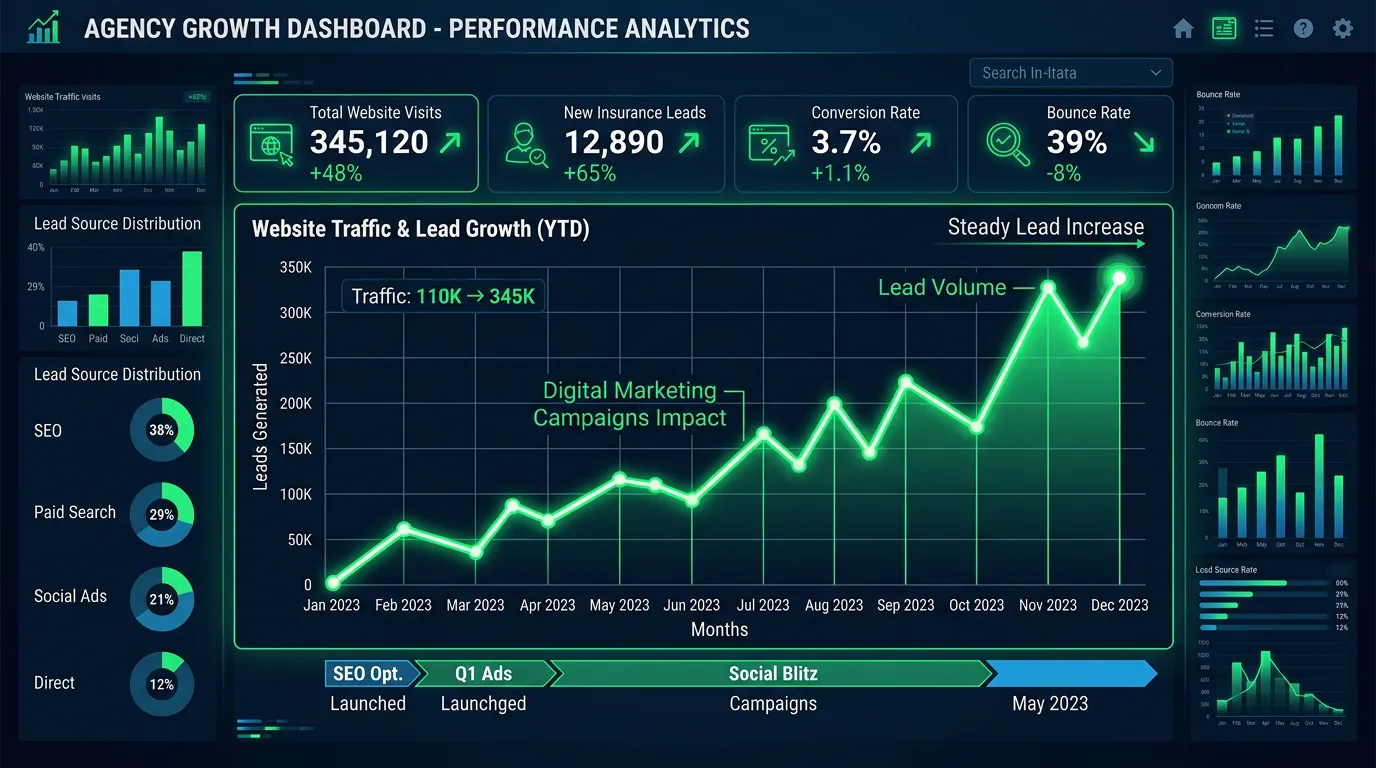 Insurance agency website traffic and lead growth analytics dashboard showing digital marketing results