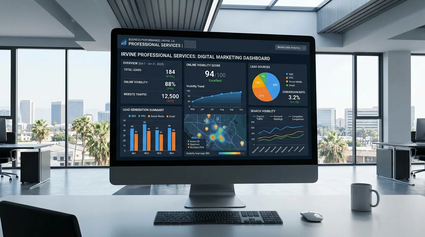 Irvine CA business digital marketing dashboard showing lead generation for professional services in Orange County
