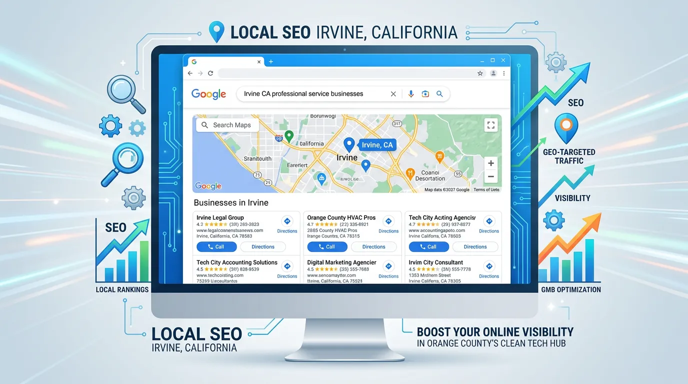 Irvine CA local SEO showing Google search map pack for professional service businesses in Irvine California
