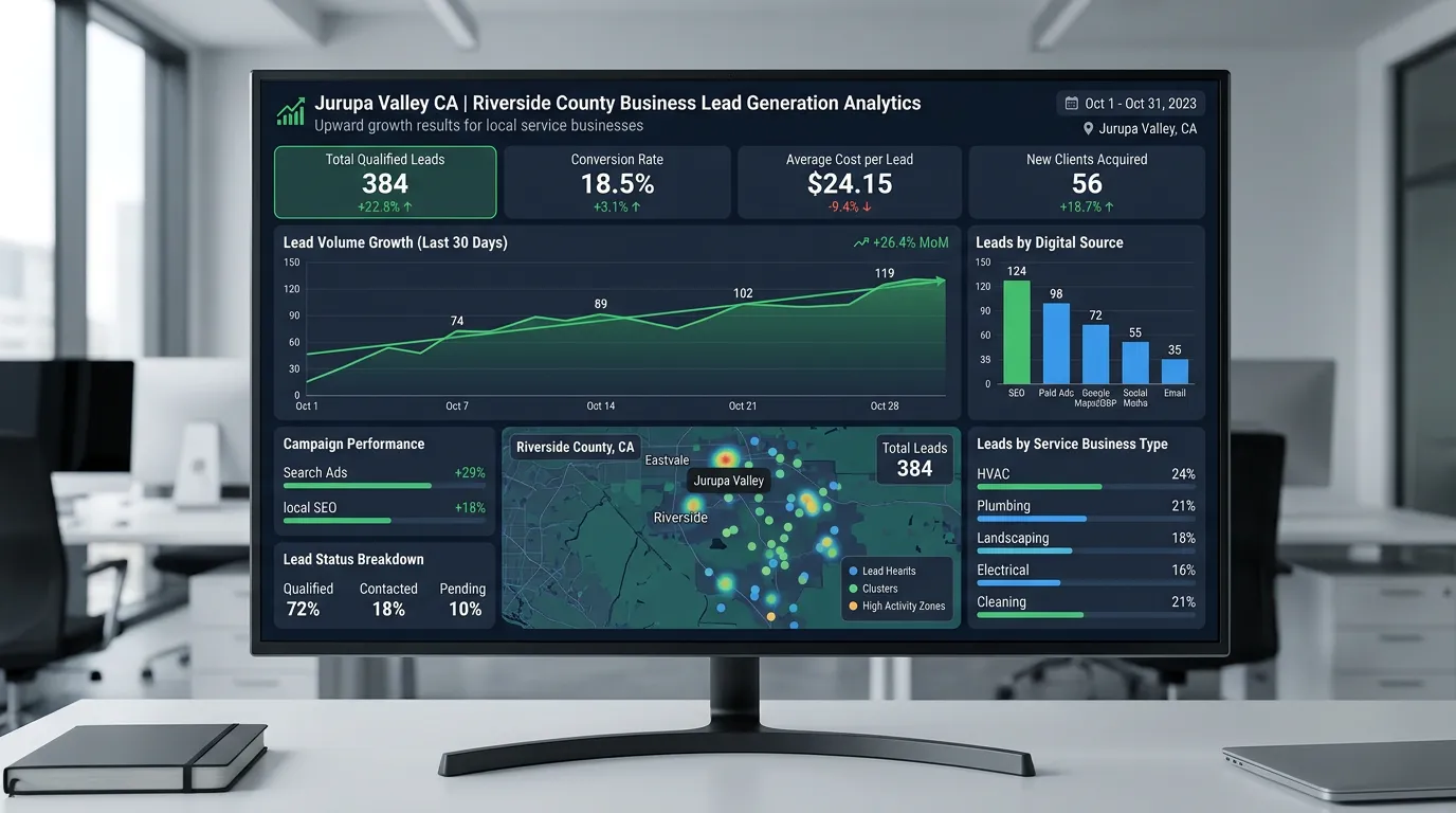 Jurupa Valley CA business lead generation dashboard showing digital marketing results for Riverside County