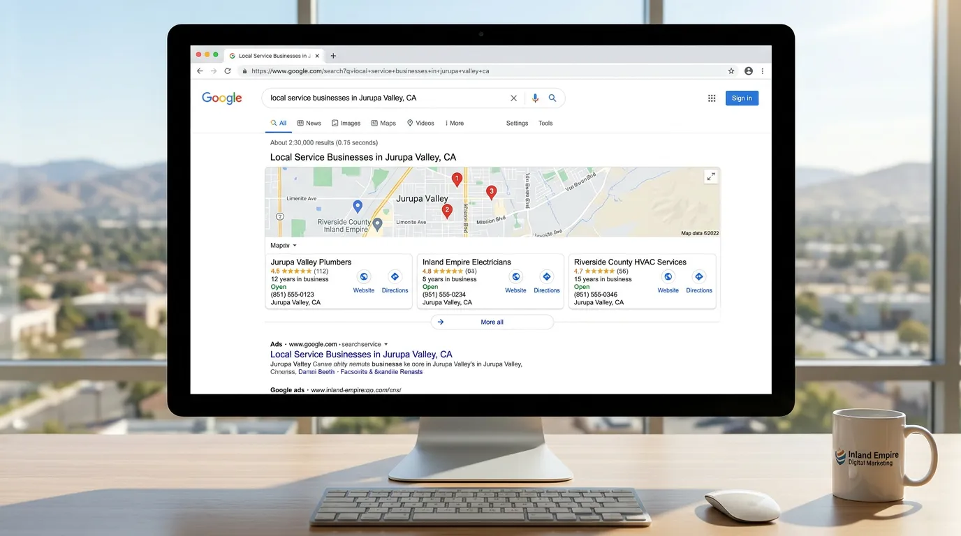 Jurupa Valley CA local SEO showing Google search map pack for service businesses in Jurupa Valley California