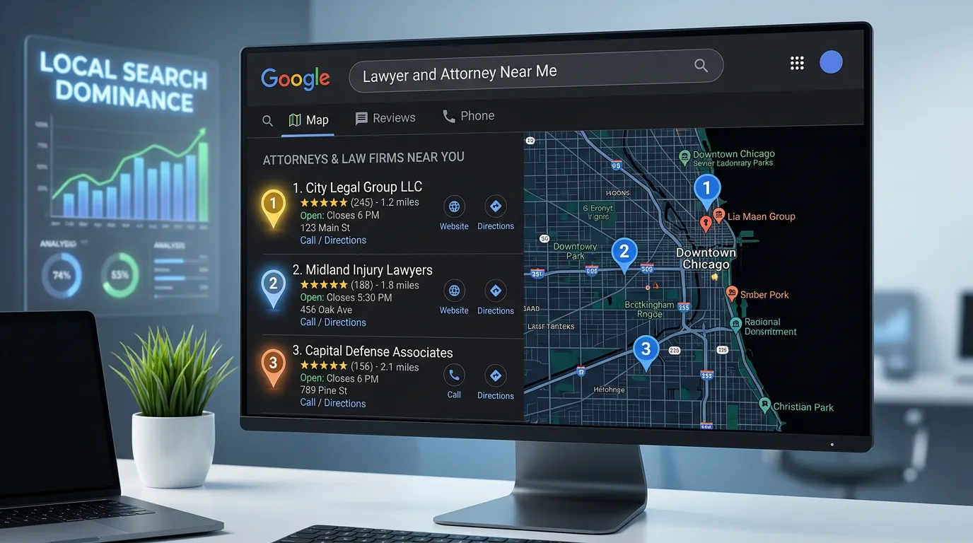 Attorney and law firm local SEO showing top 3 Google Maps pack results for lawyer searches