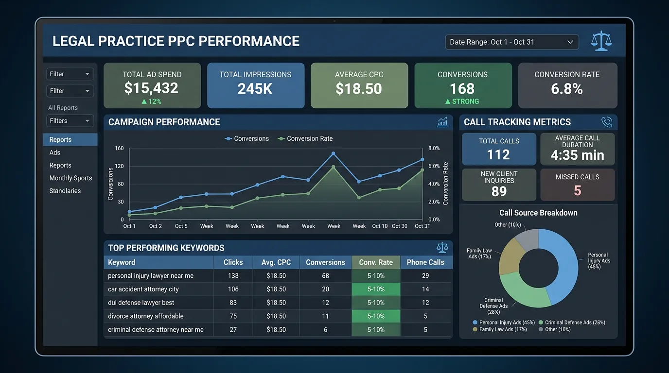 Law firm PPC Google Ads dashboard showing legal keyword campaigns with conversion tracking