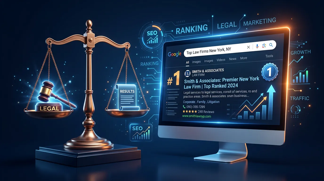 Law firm SEO showing legal keywords ranking number one on Google search results page