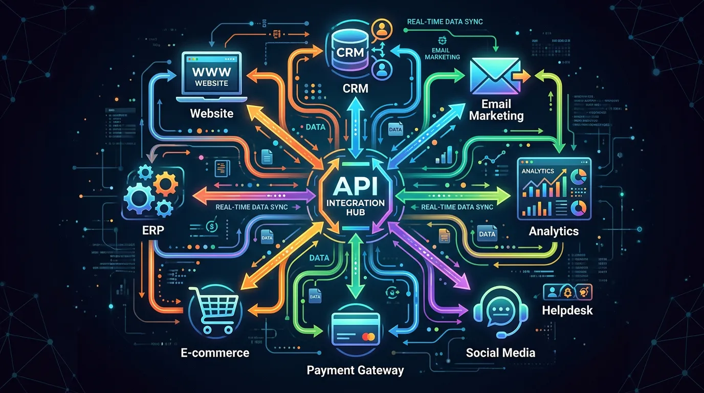 API integration ecosystem showing multiple software tools syncing data including website CRM email and analytics