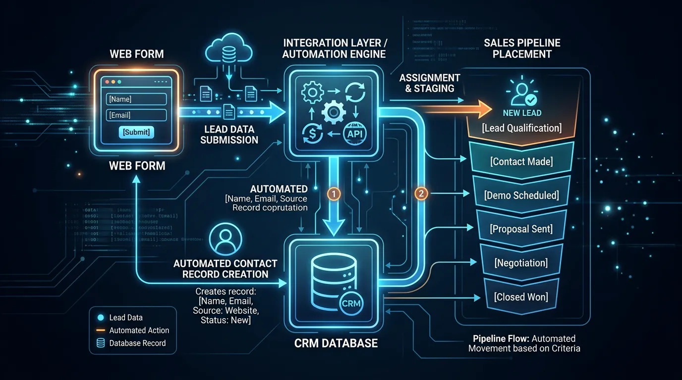 CRM integration diagram showing website lead form connecting to database with automated contact record creation