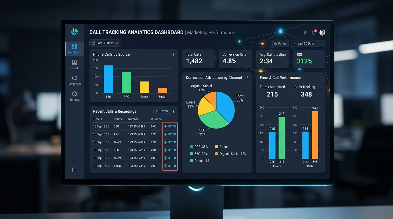 Call tracking analytics dashboard showing phone calls by marketing source with conversion attribution by channel
