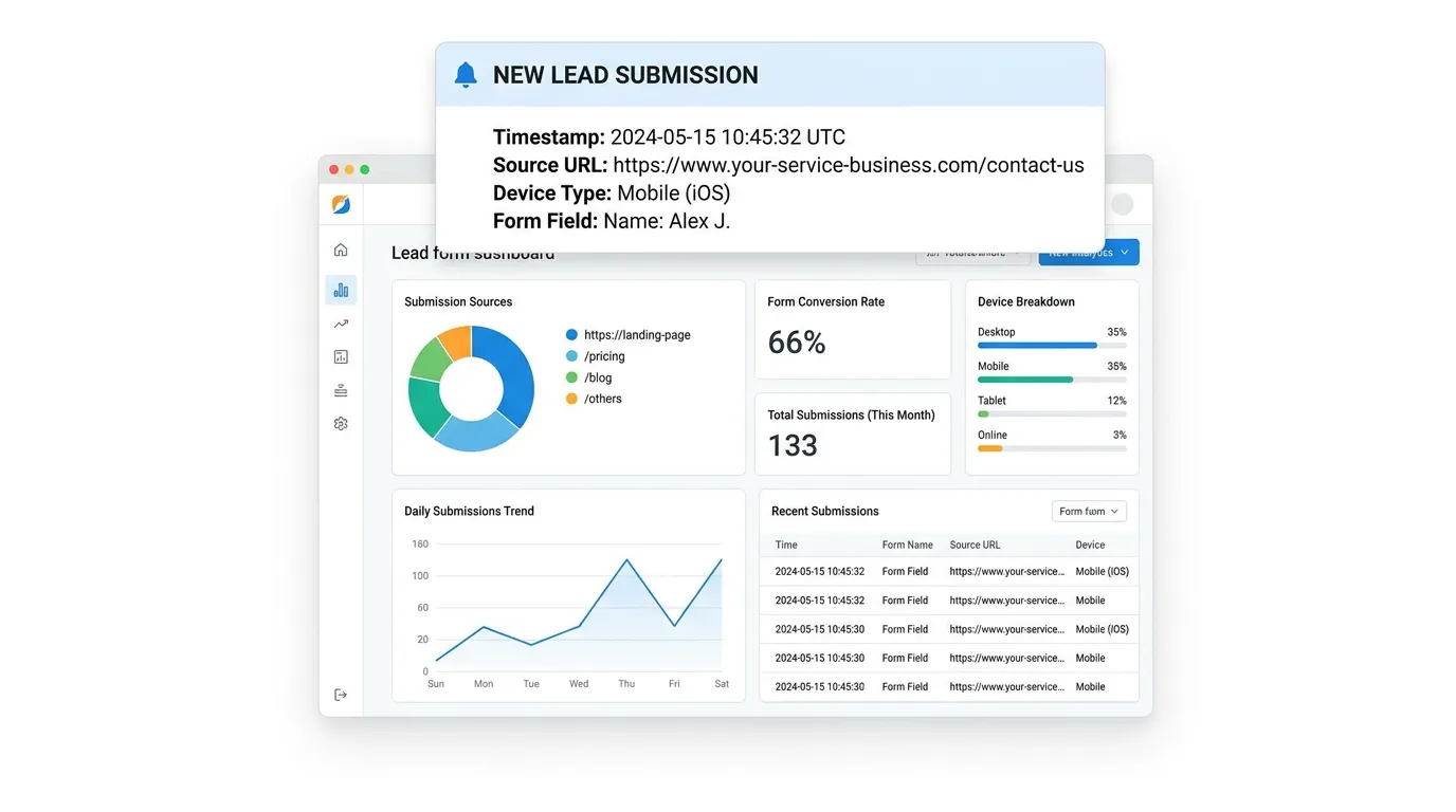 Lead form submission tracking showing real-time notification with source URL time and device type captured