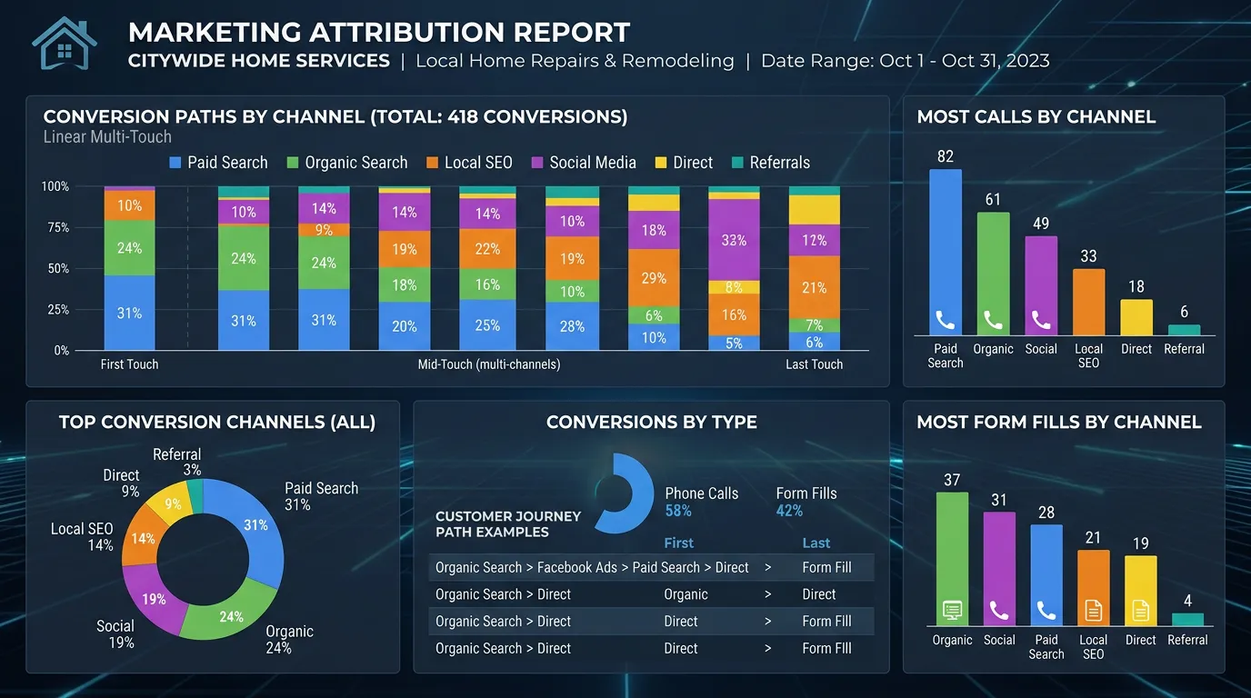 Marketing attribution report showing which channels drove the most calls and form fills for a local service business