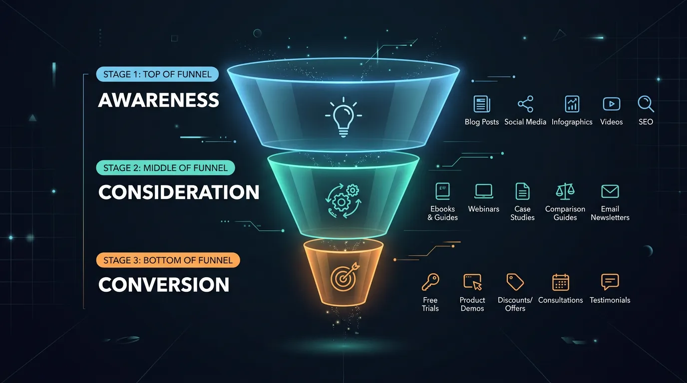 Marketing funnel design showing top middle and bottom of funnel stages with content types at each stage