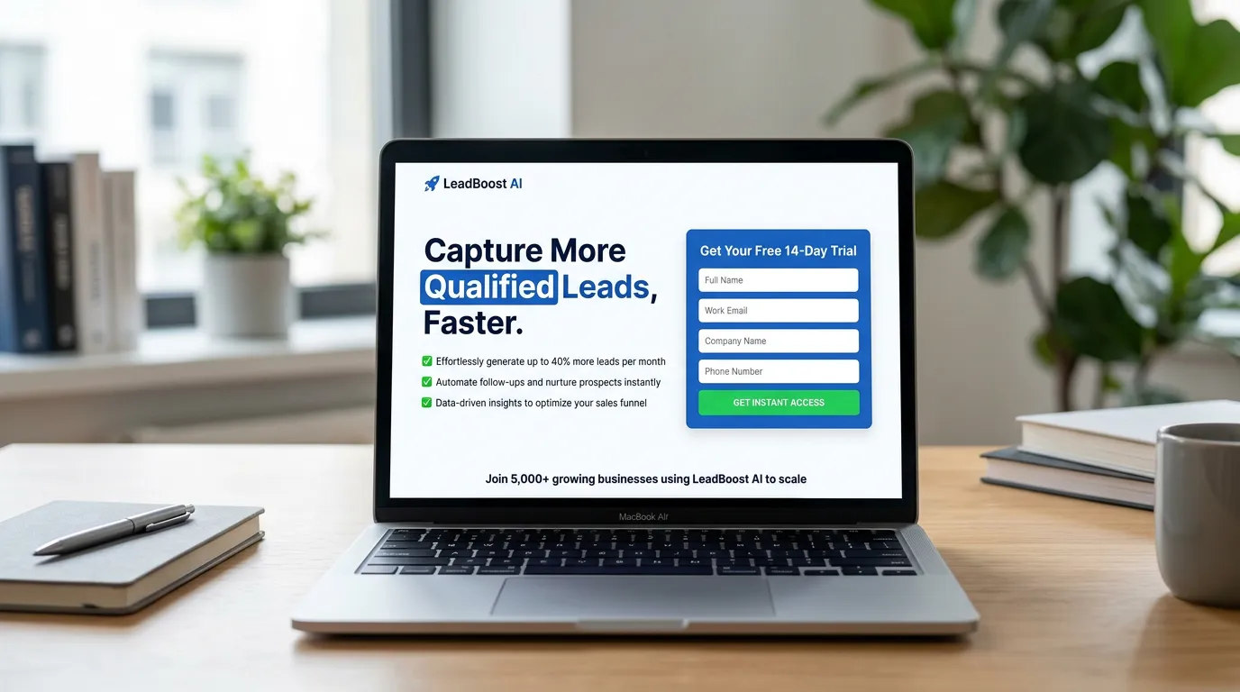 Optimized lead capture landing page showing clear headline benefit bullets and prominent contact form above the fold