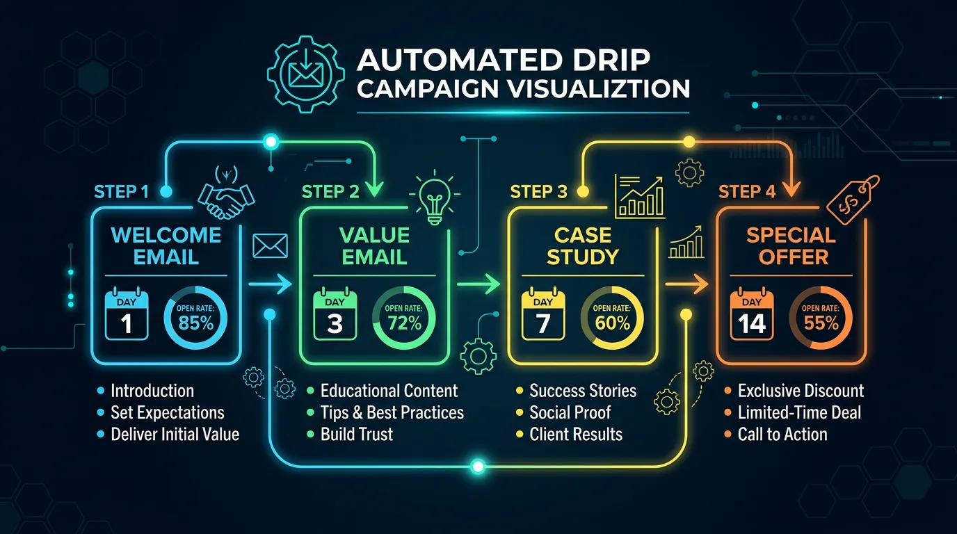 Lead nurture email sequence flow diagram showing welcome value case study and offer emails with open rate metrics