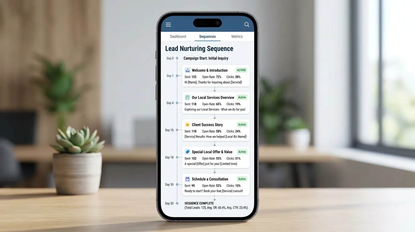 Lead nurturing email sequence on mobile showing personalized emails spaced over 30 days with engagement metrics