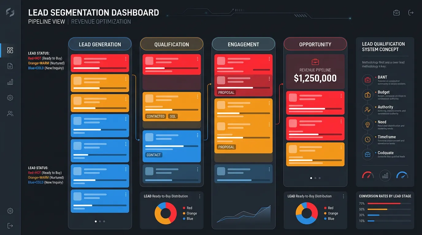CRM pipeline showing hot warm and cold lead segments color coded by readiness to buy for service businesses