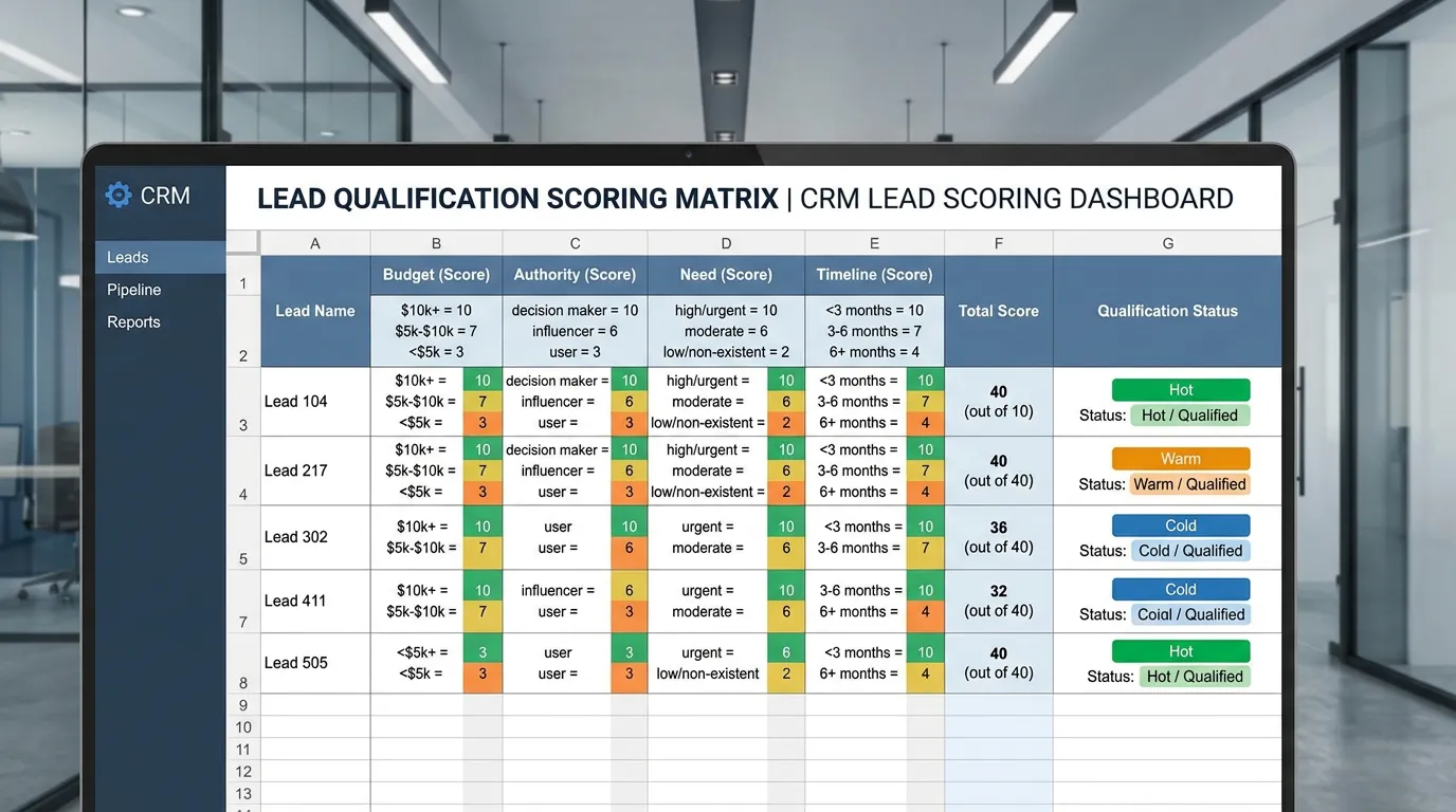 Lead qualification scoring matrix showing budget authority need and timeline criteria with automated CRM scores