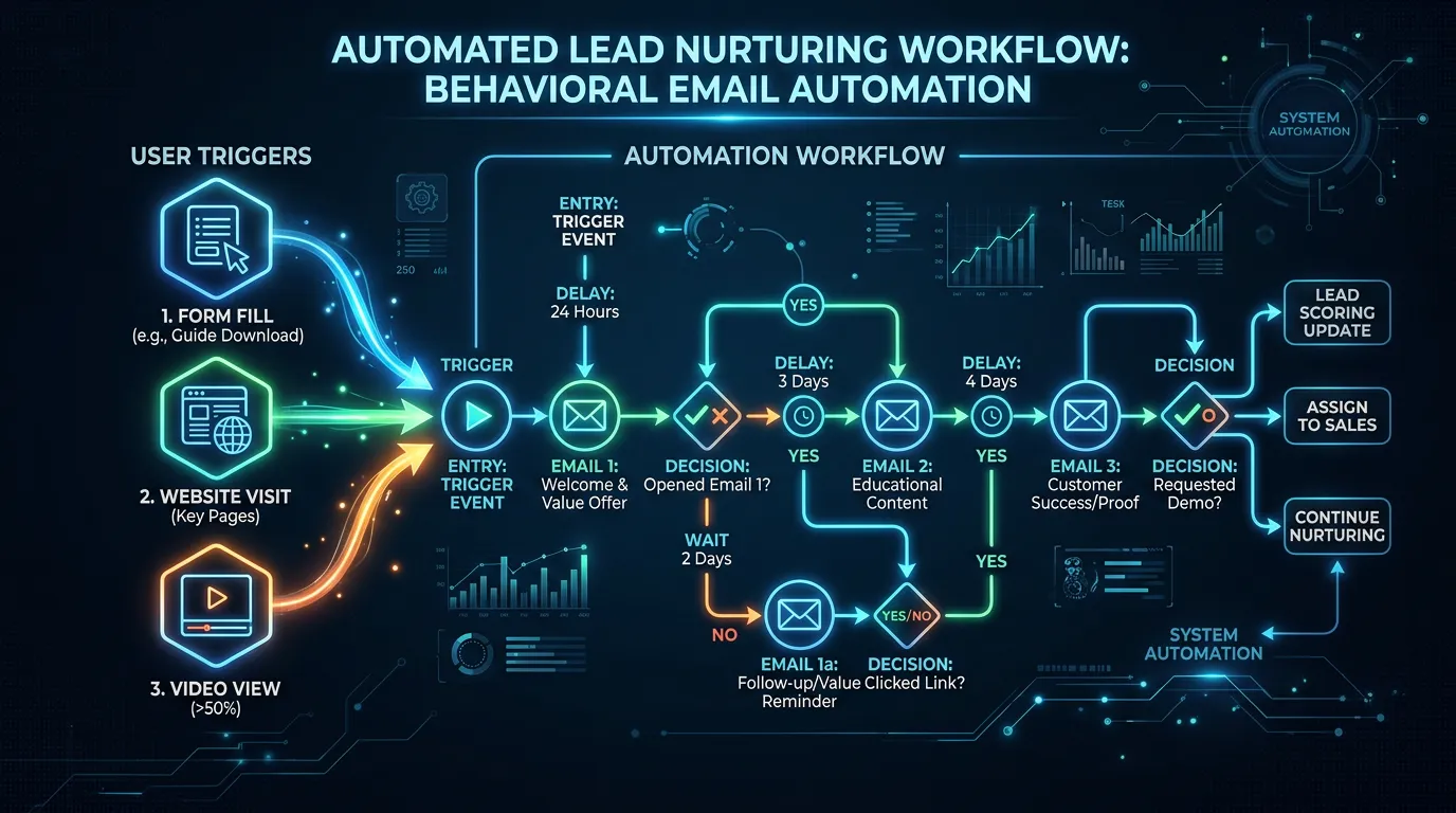 Automated lead nurturing sequence workflow showing trigger-based emails sent after key visitor actions