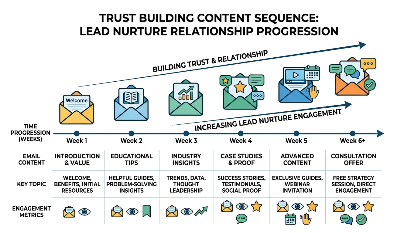 Trust building email sequence showing educational messages sent over time