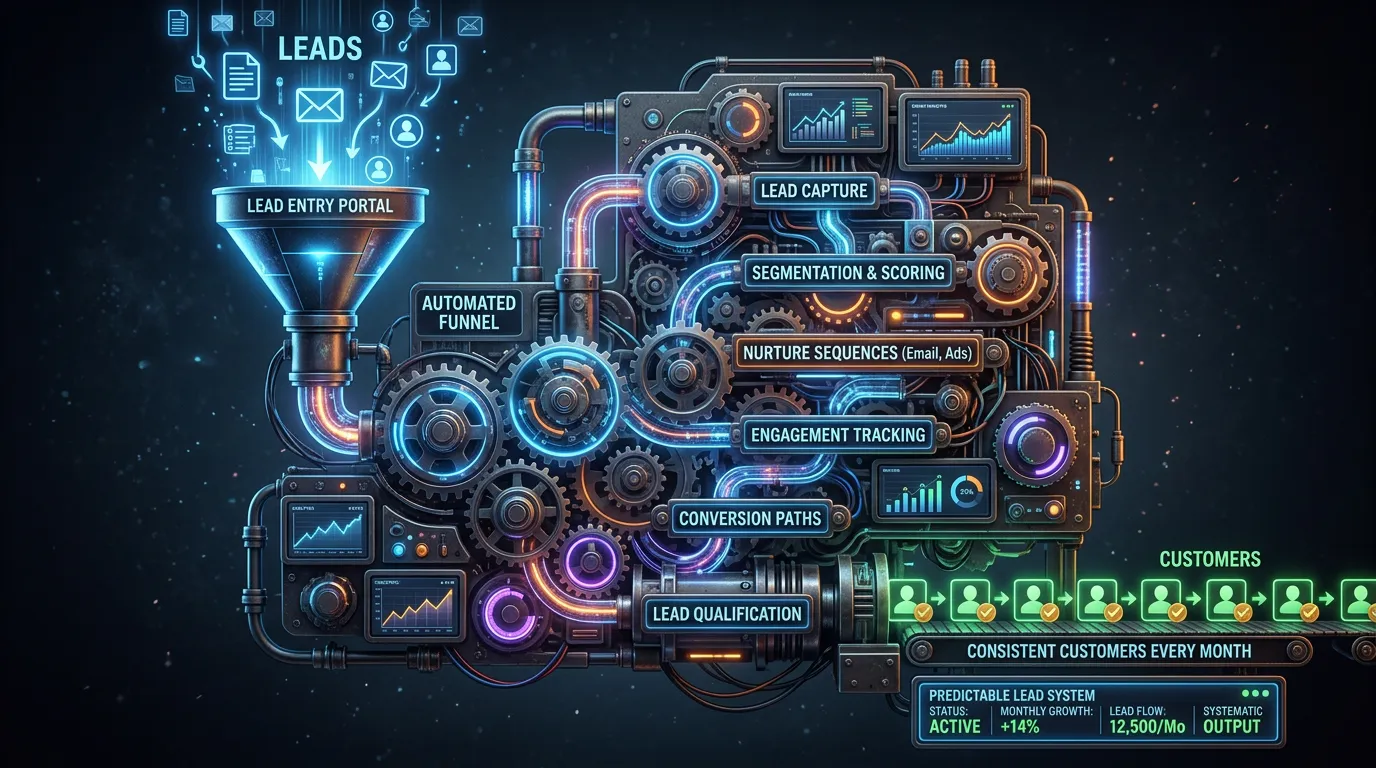 Marketing machine concept showing leads entering automated funnel with gears producing consistent customers monthly