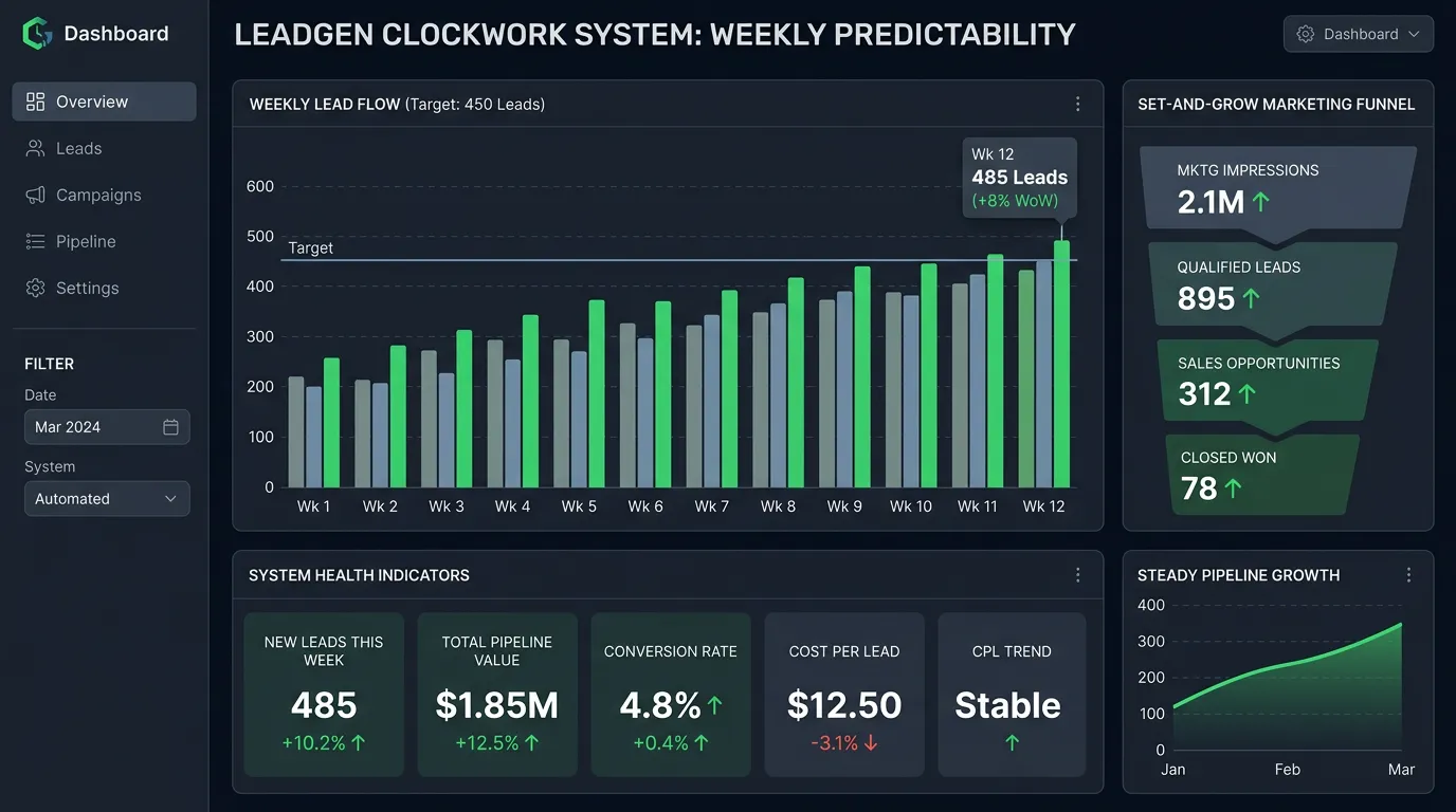 Predictable lead generation dashboard showing consistent weekly lead metrics with all green positive indicators
