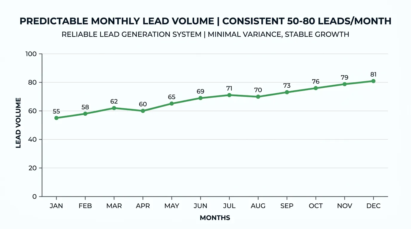 Consistent monthly lead volume graph showing 50 to 80 leads per month over 12 months with minimal variance