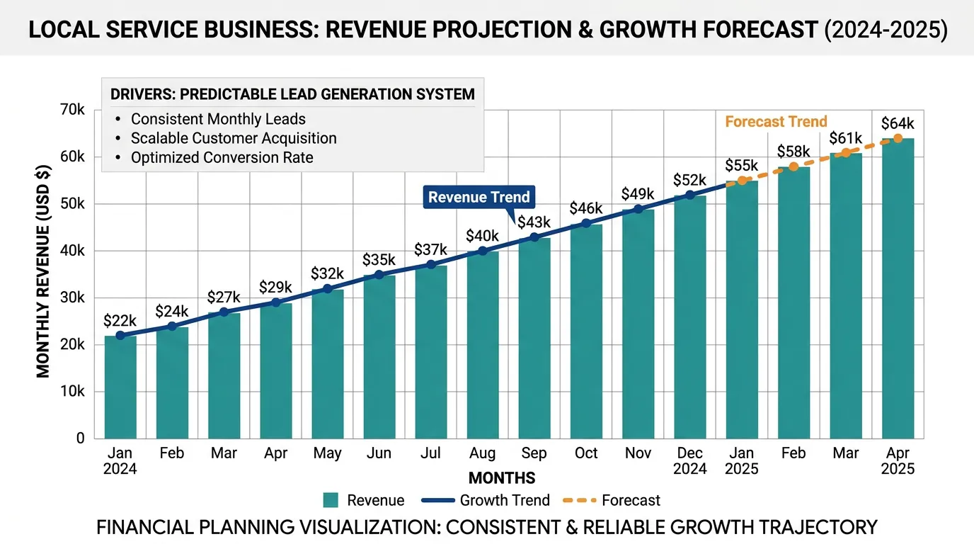 Revenue projection chart showing predictable lead system generating consistent monthly revenue with growth forecast