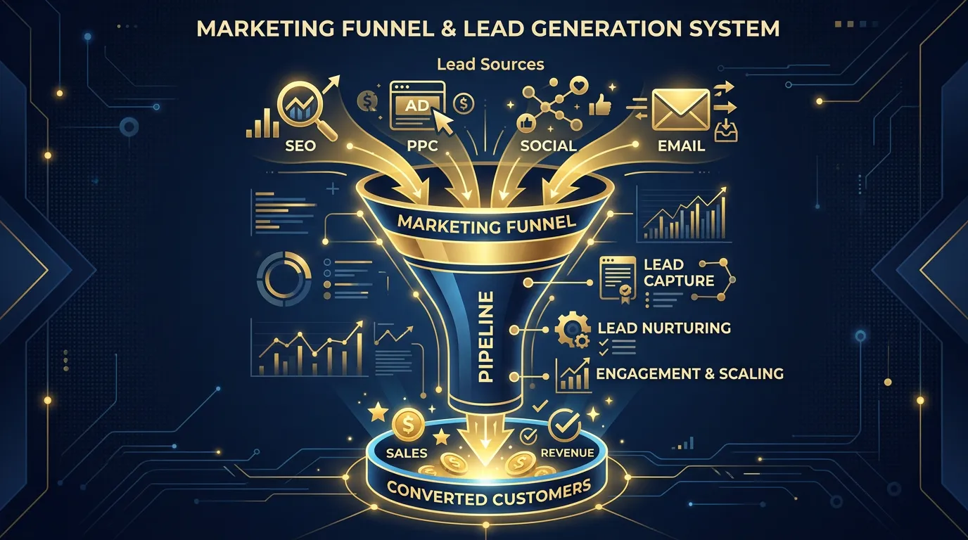 Multi-source marketing funnel with SEO PPC social email converging into pipeline converting to customers