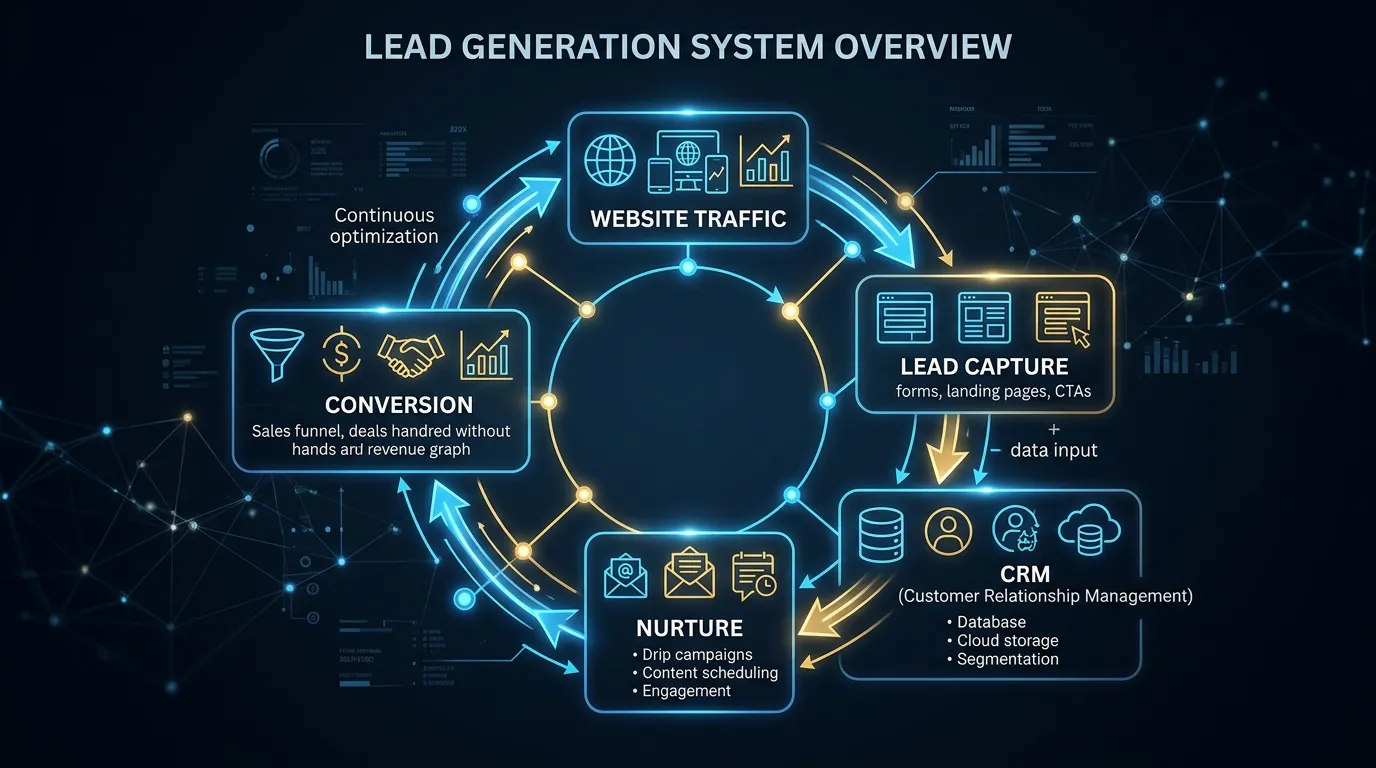 Lead generation system overview showing interconnected components from traffic to lead capture CRM and conversion