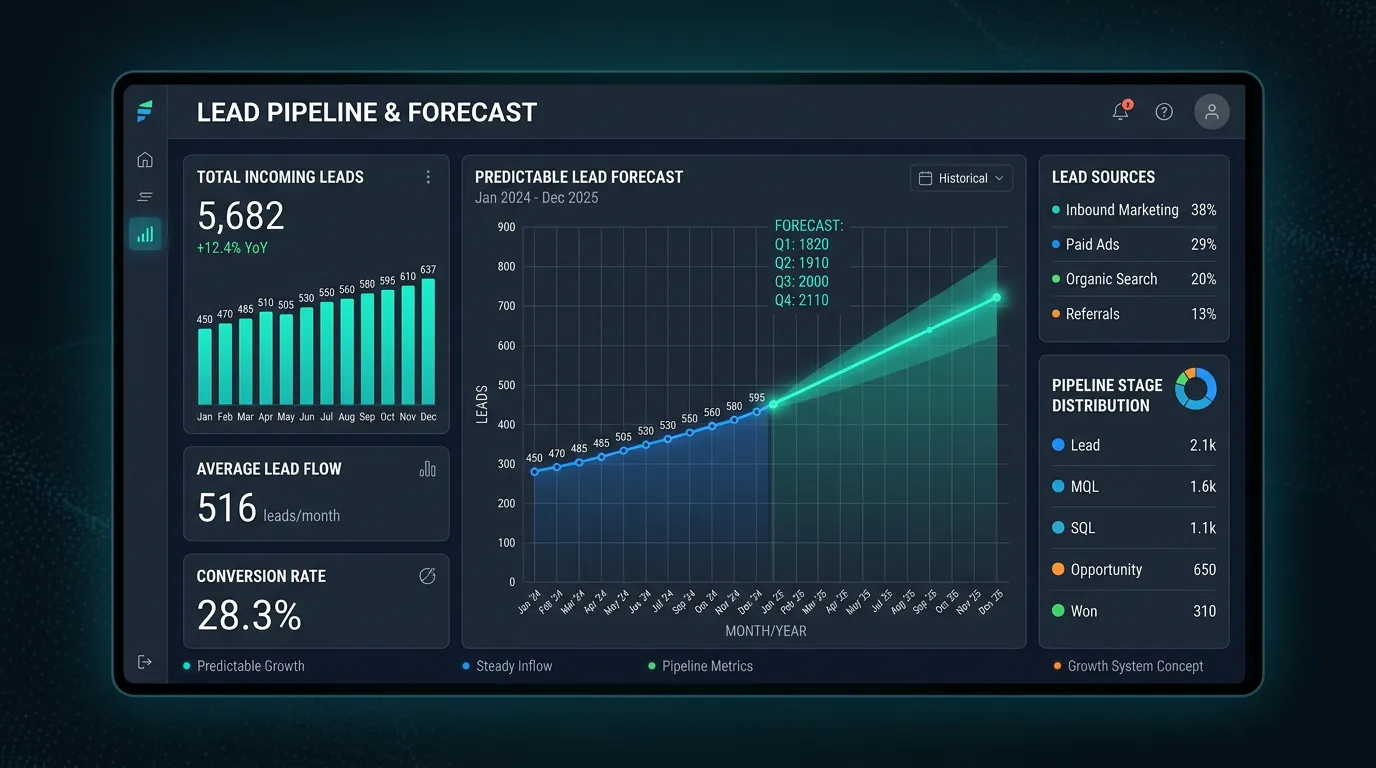 Predictable lead pipeline dashboard showing steady incoming lead flow with monthly forecast graph