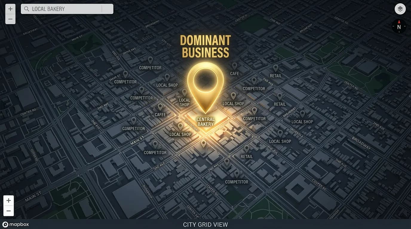 City map with one dominant glowing business pin representing local search domination strategy